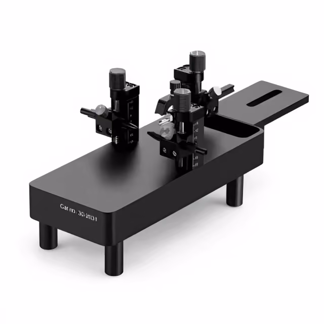 Mouse stereotaxic adapters with ear-bar and head-positioning hardware on a white background