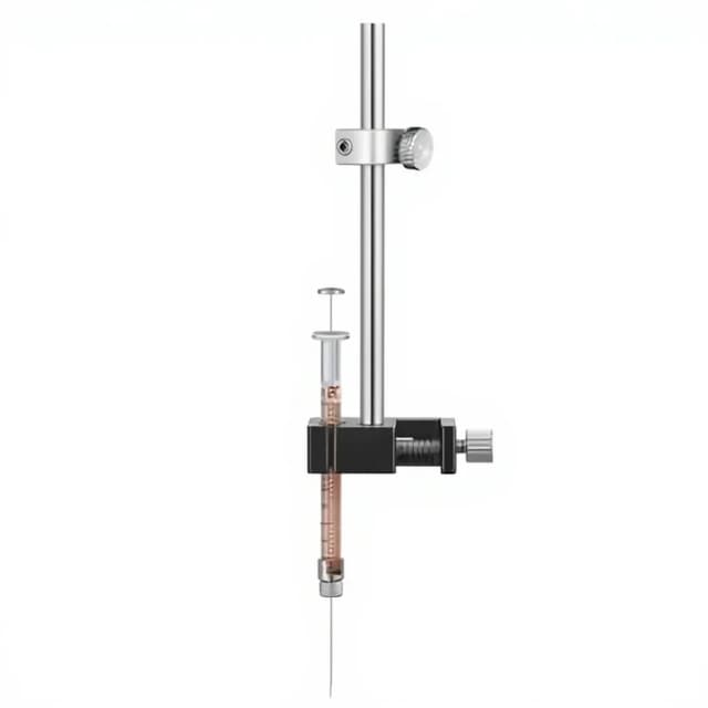 Syringe Holder-F1 mounted with a syringe for stereotaxic injection workflows