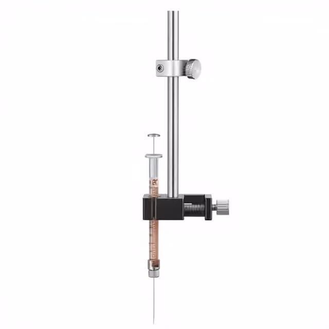 Syringe Holder-F1 mounted with a syringe for stereotaxic injection workflows