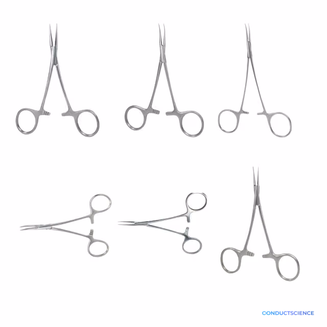 Hemostatic Forceps for small-animal surgical clamping and vessel-control workflows on a white background with ConductScience watermark