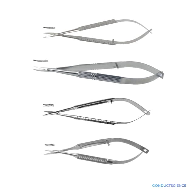 Micro Scissors for microsurgical cutting on a white background with ConductScience watermark