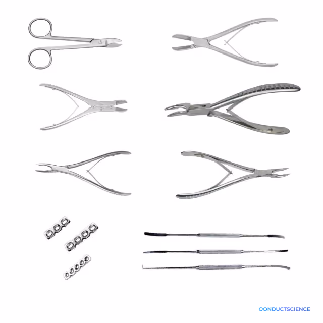 Small-Animal Bone Instruments including cutters, rongeurs, bone plates, and nerve-root separators on a white background with ConductScience watermark
