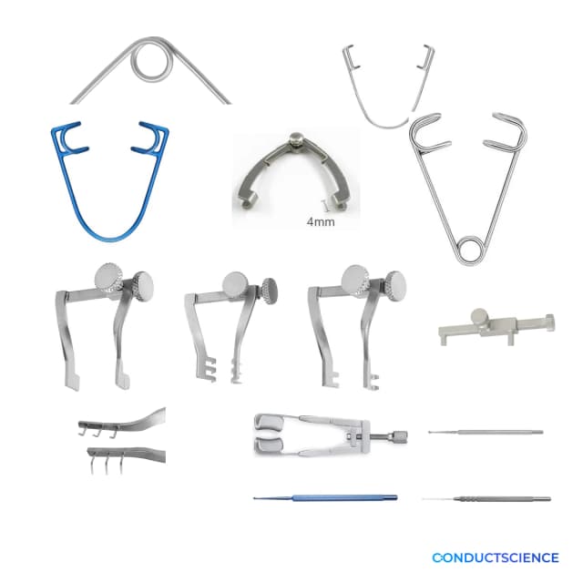 Small-Animal Retractors and Curettes including hooks, retractors, curettes, micro spatulas, and a micro exfoliation instrument on a white background with ConductScience watermark