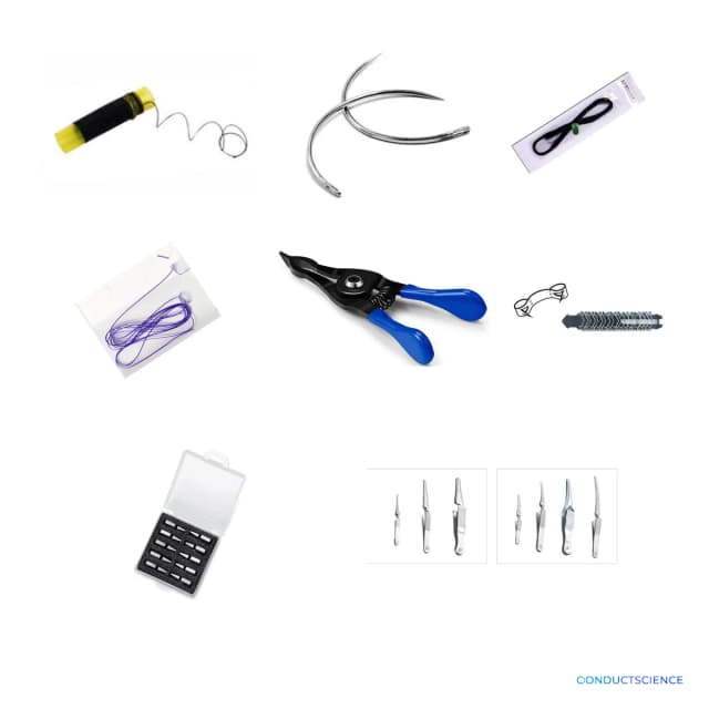 Small-Animal Wound Closure supplies including sutures, suture needles, wound clips, applicator, clip box, and clip forceps on a white background with ConductScience watermark