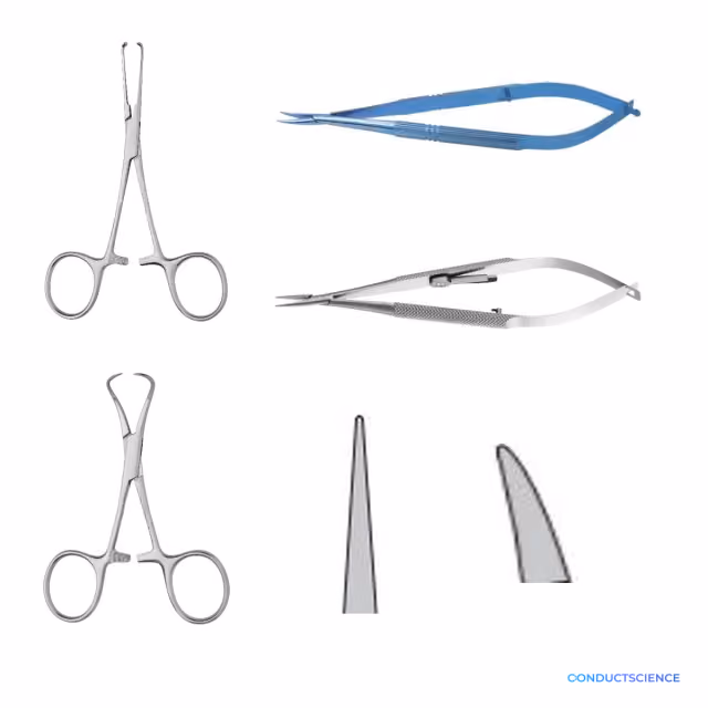 Surgical Needle Holders for small-animal closure and suture handling on a white background with ConductScience watermark