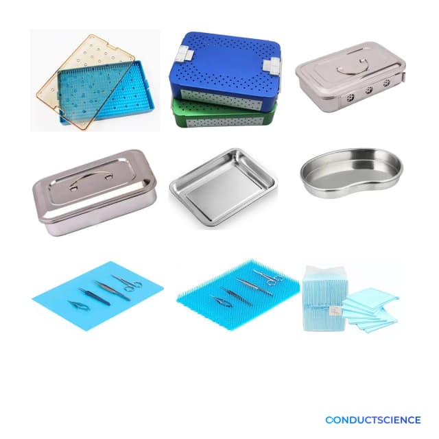 Surgical sterilization containers, instrument trays, silicone mats, wraps, and replacement beads on a white background with ConductScience watermark