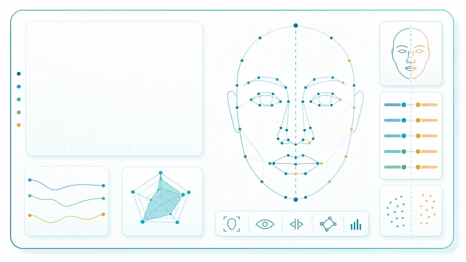Illustrated facial landmark symmetry calculator with 68-point face map and left-right symmetry panel