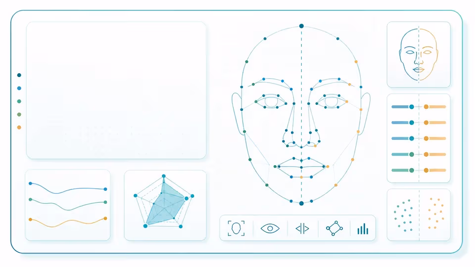 Illustrated facial landmark symmetry calculator with 68-point face map and left-right symmetry panel