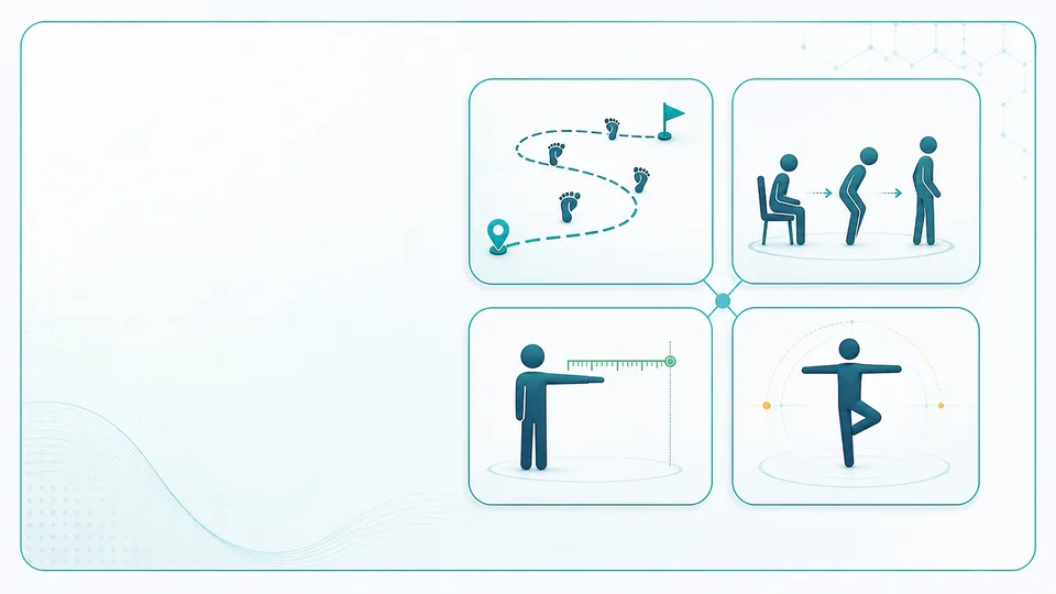 Illustrated functional mobility calculators hub with gait path, chair task, reach ruler, and balance tile