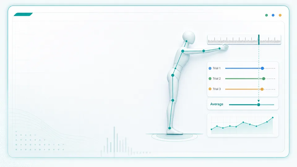 Illustrated functional reach calculator with reach ruler, body keypoints, and trial averaging panel