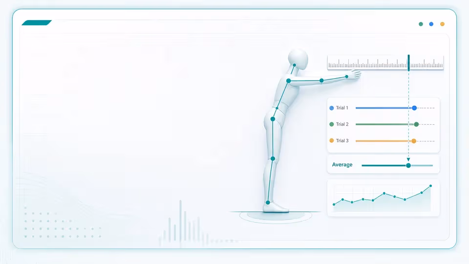 Illustrated functional reach calculator with reach ruler, body keypoints, and trial averaging panel