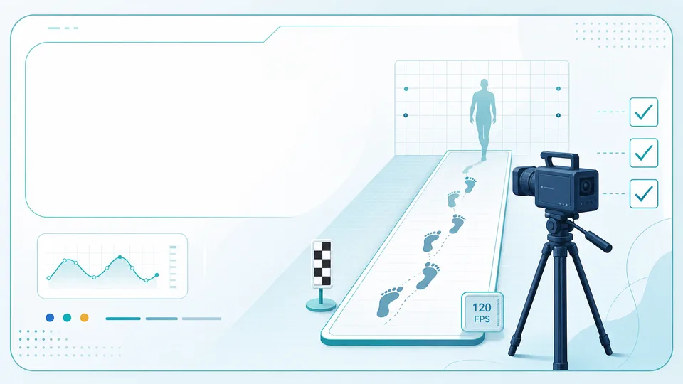 Illustrated human gait video checklist with camera, walkway, scale marker, and checkboxes