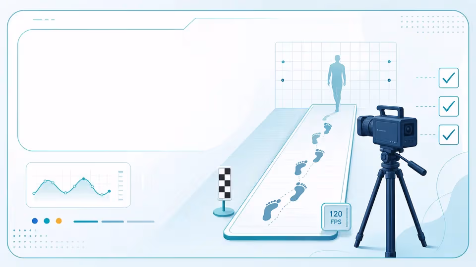 Illustrated human gait video checklist with camera, walkway, scale marker, and checkboxes