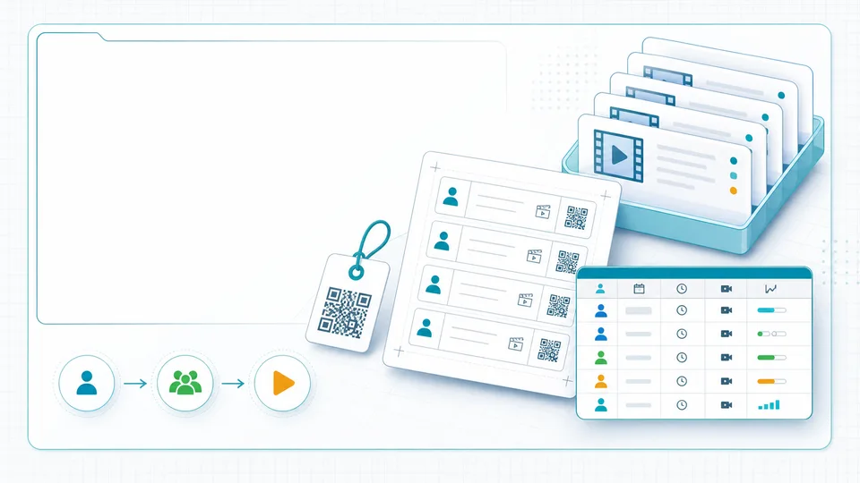 Illustrated human video session label generator with filename labels, QR-style tag, and session manifest