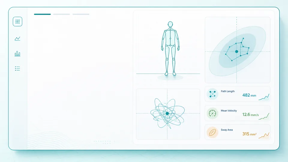 Illustrated postural sway calculator with center-of-mass trace, ellipse area, and velocity summary