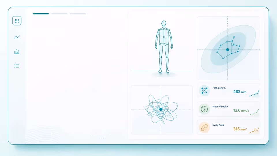 Illustrated postural sway calculator with center-of-mass trace, ellipse area, and velocity summary