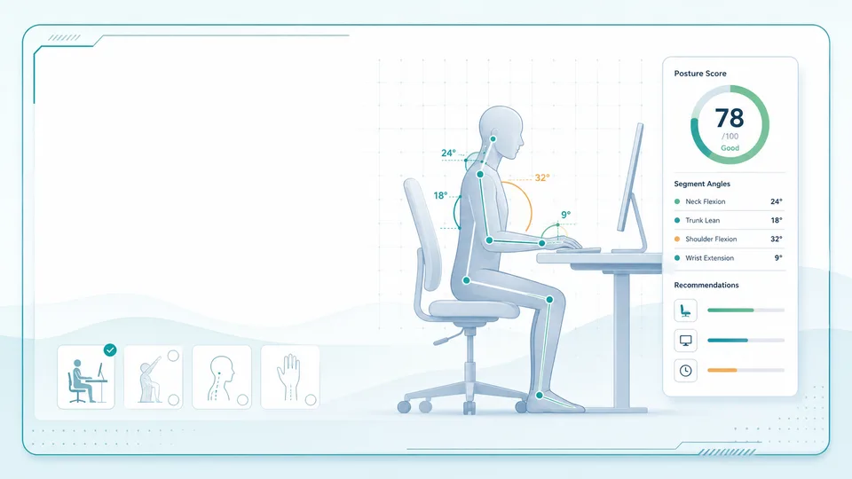 Illustrated RULA REBA posture calculator with joint-angle overlays, workstation silhouette, and risk score panel