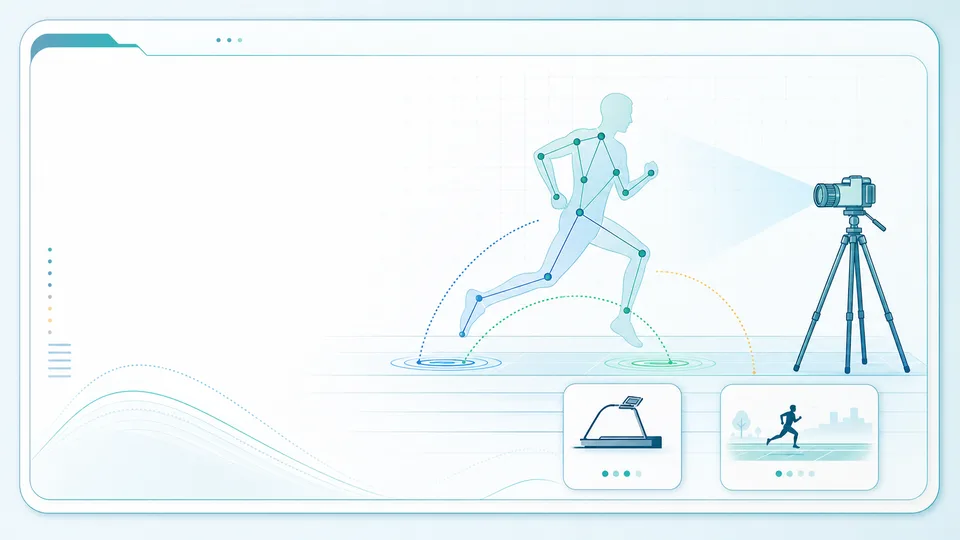 Illustrated running biomechanics video checklist with camera, running stride path, treadmill and overground options