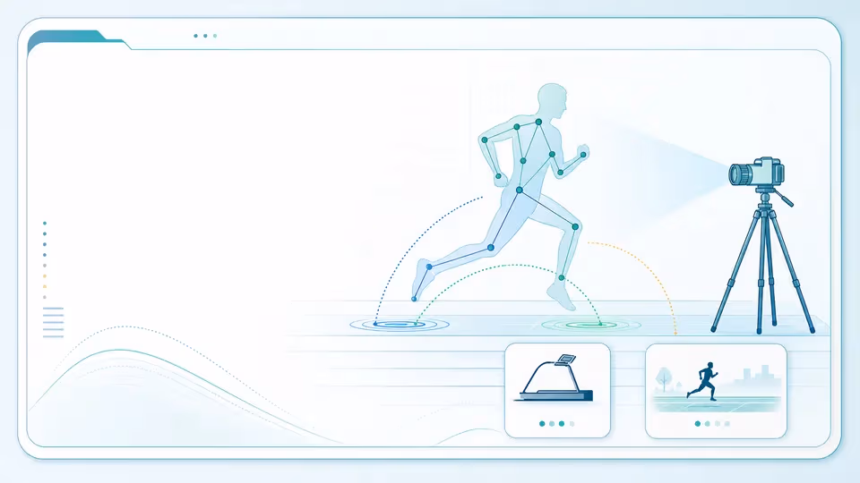Illustrated running biomechanics video checklist with camera, running stride path, treadmill and overground options