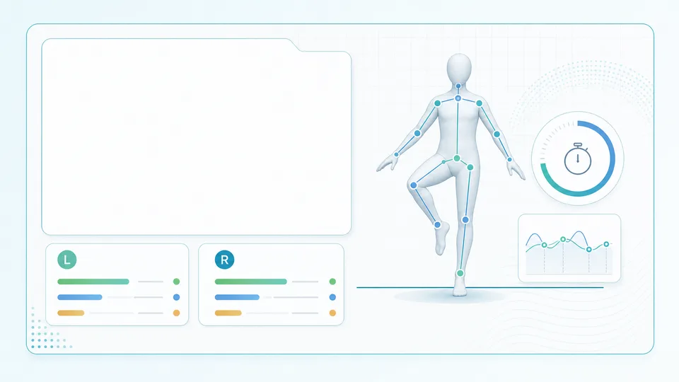 Illustrated single-leg stance calculator with balance pose, timer, and left-right trial summary