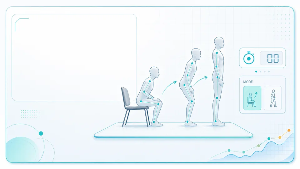 Illustrated sit-to-stand calculator with chair, repeated rise markers, count display, and timing controls