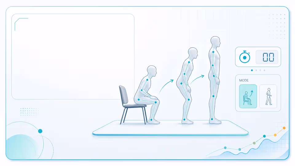 Illustrated sit-to-stand calculator with chair, repeated rise markers, count display, and timing controls