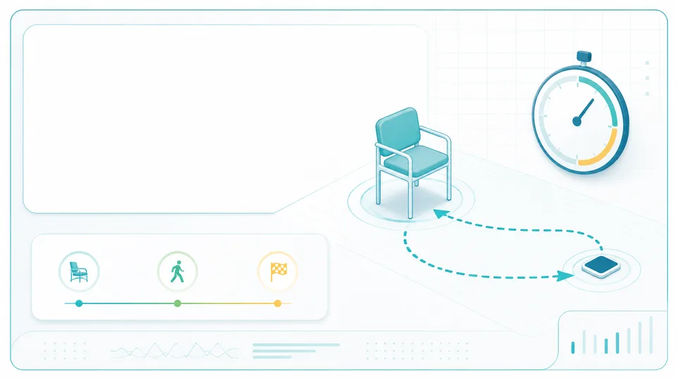 Illustrated timed up and go calculator with chair, walking path, stopwatch, and phase timing panel