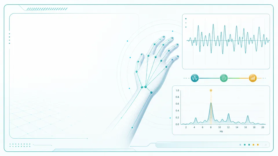 Illustrated tremor frequency analyzer with hand keypoints, waveform, and frequency spectrum chart