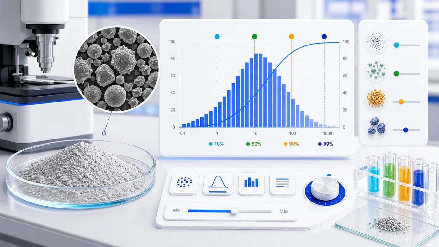 Illustrated particle size distribution calculator cover for materials science calculations