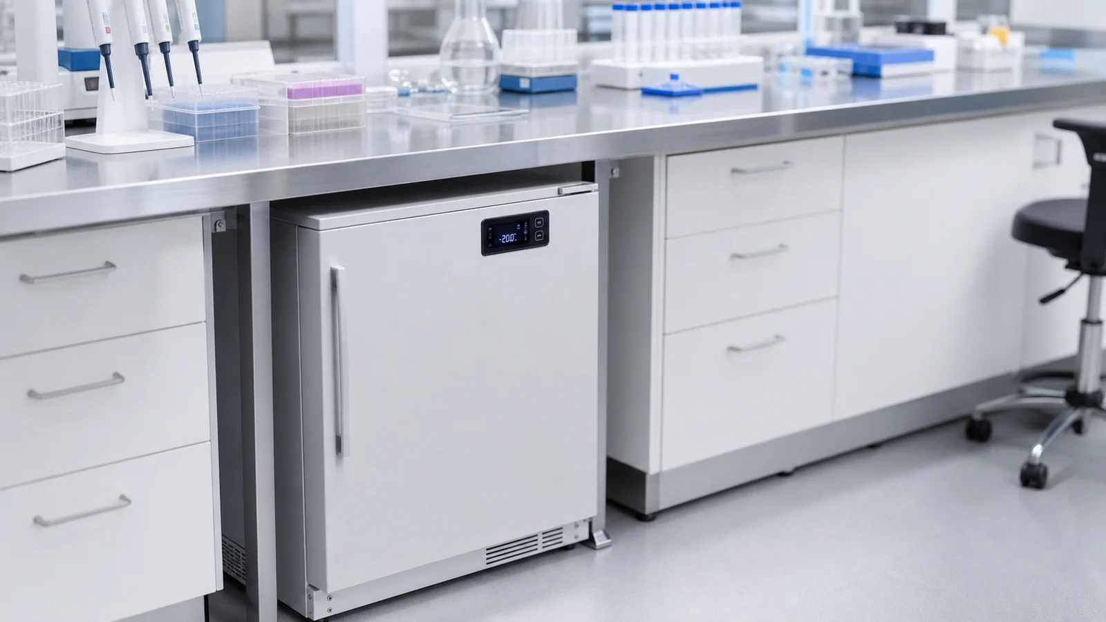 Compact bench-adjacent laboratory cold storage beneath a clean wet-lab bench