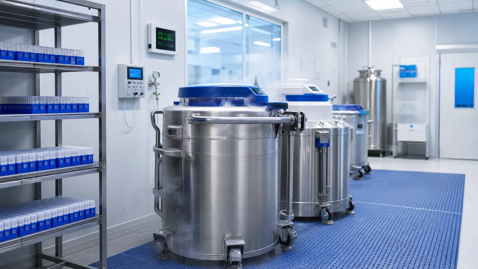 Cryogenic archive room with liquid nitrogen storage vessels and organized vial racks