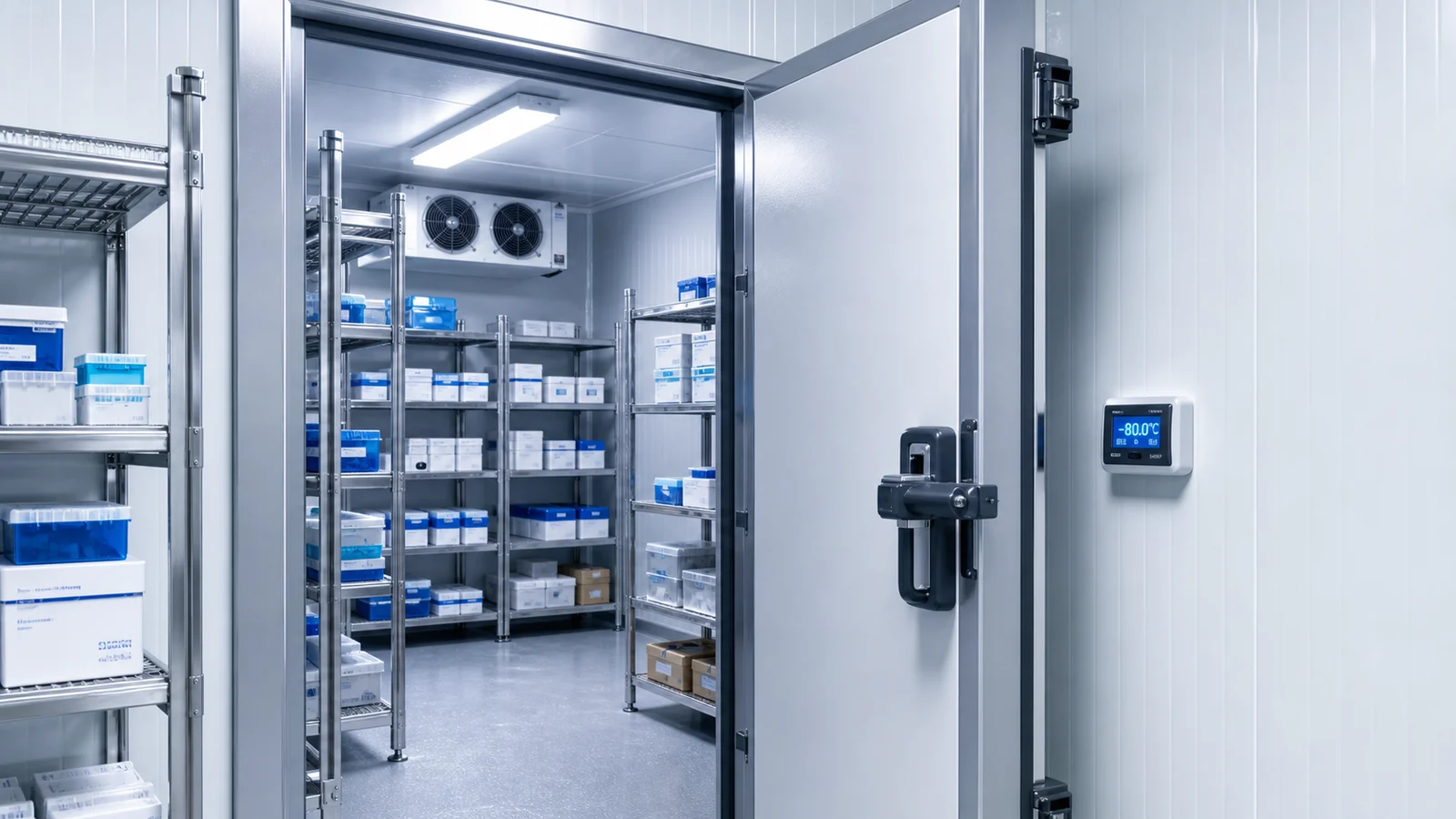 Shared laboratory cold storage room with upright freezer equipment