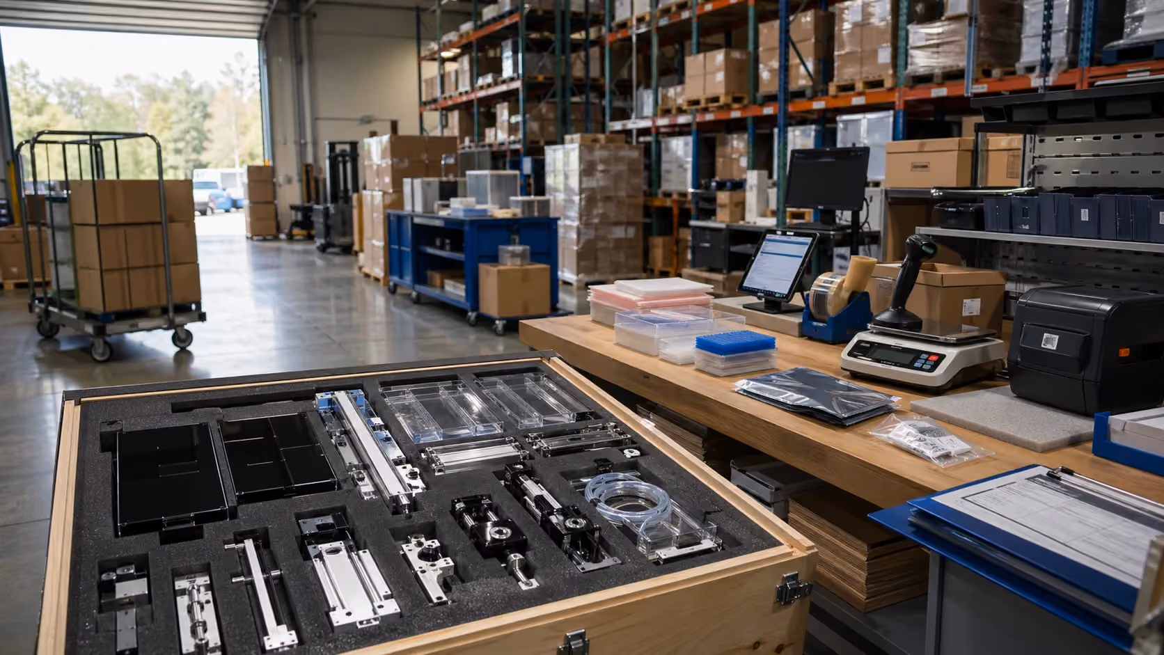 ConductScience fulfillment area with packed lab equipment ready for shipment