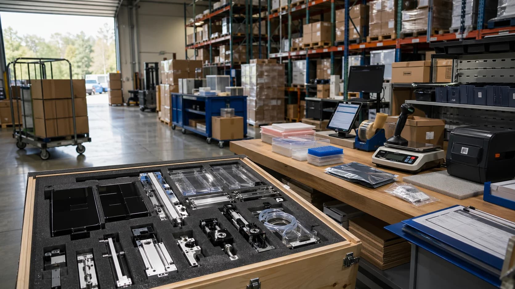 ConductScience fulfillment area with packed lab equipment ready for shipment