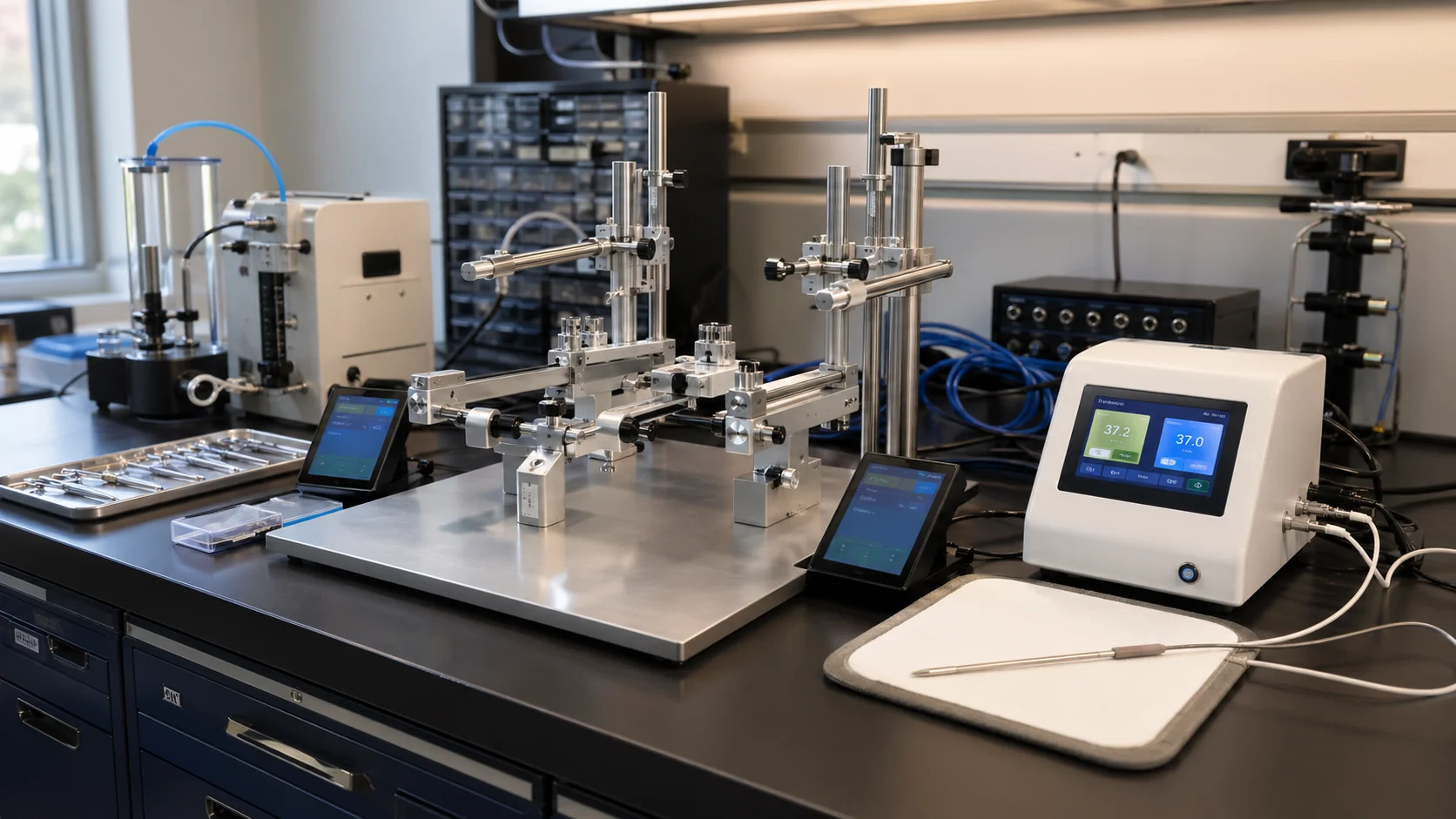 Stereotaxic frame and connected neuroscience surgery equipment on a lab bench