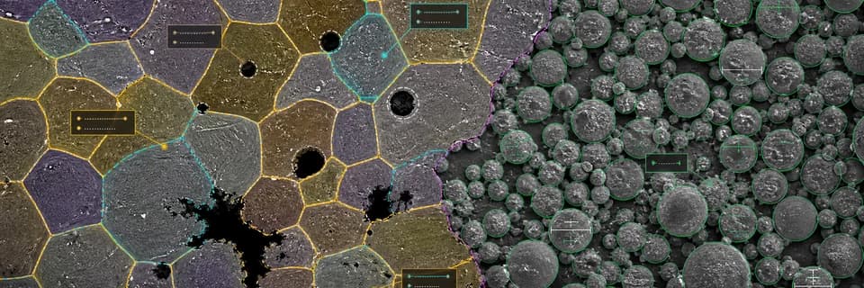 Metallography grain map beside SEM powder particle analysis