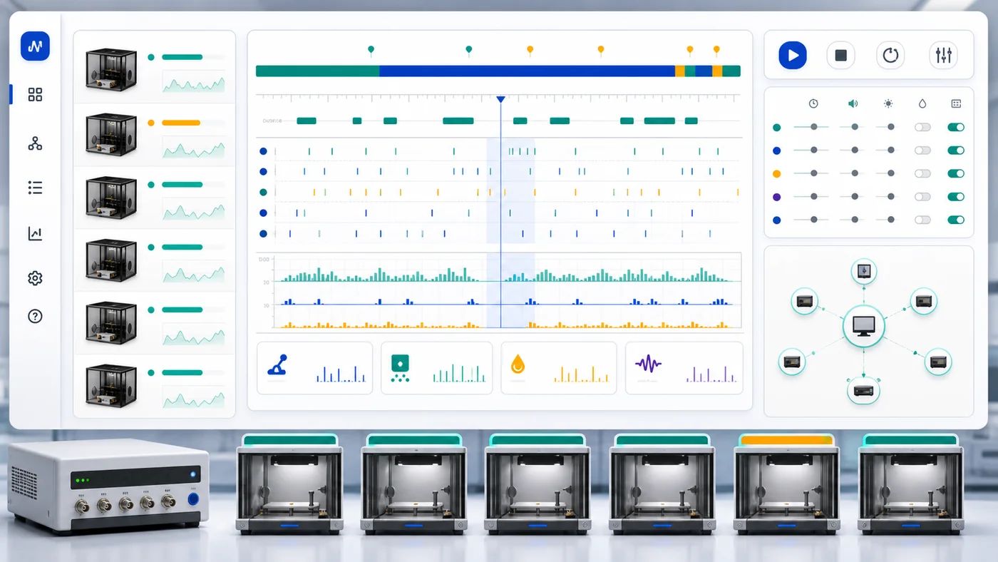 Generated operant chamber control dashboard with schedules, event rasters, and multi-chamber status panels