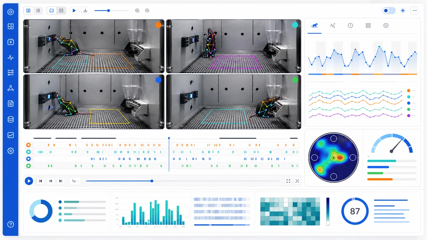 Generated operant video tracking dashboard with chamber camera views, pose traces, event ticks, and analysis metrics