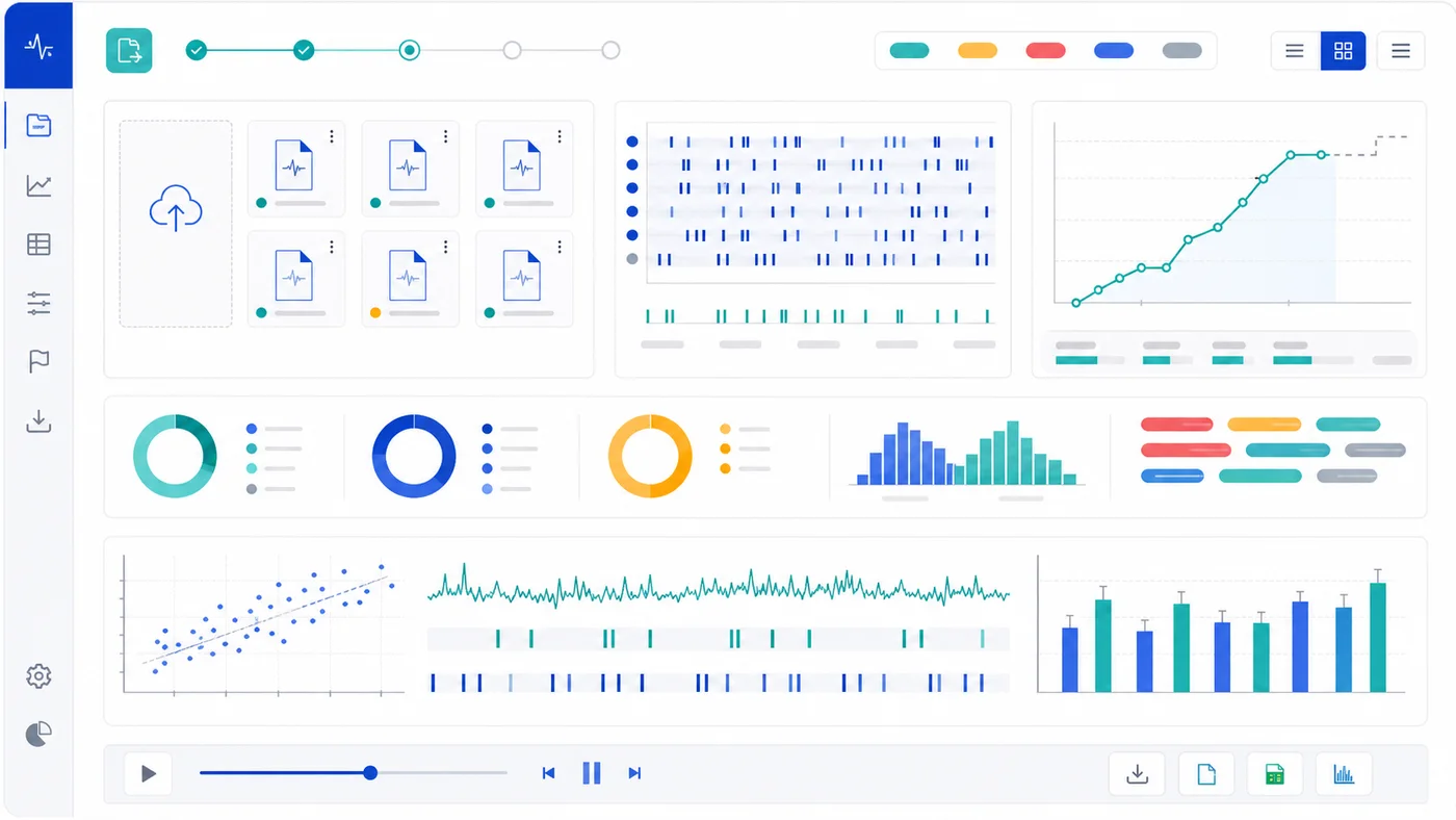 Generated operant session analyzer dashboard with file import cards, response rasters, QC flags, and summary charts