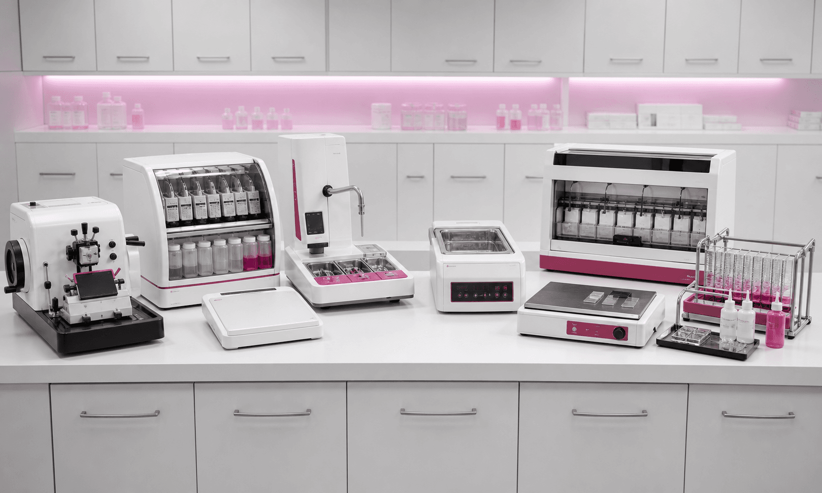 Histology bench lineup with microtome, tissue processing, staining, water bath, slide racks, and reagent bottles