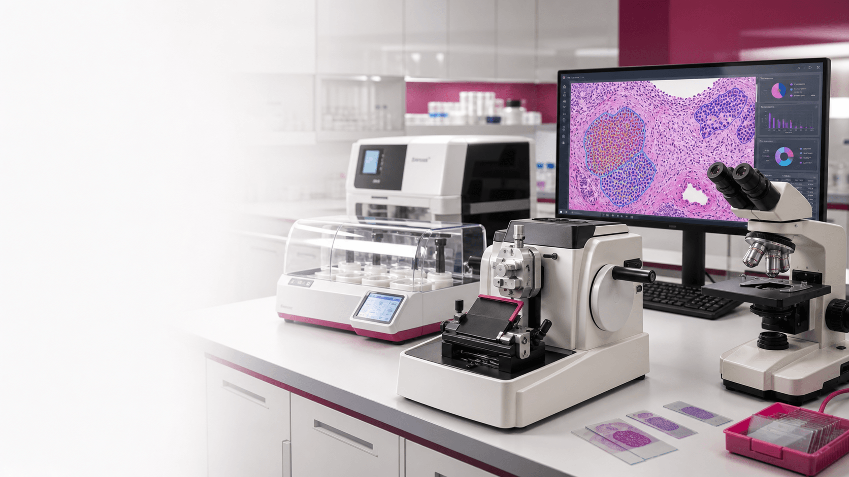 Histology lab bench with tissue preparation instruments and computer vision slide analysis
