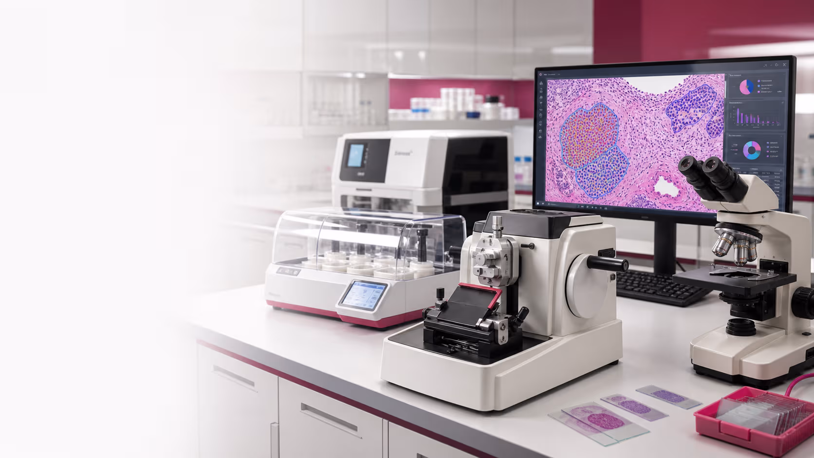 Histology lab bench with tissue preparation instruments and computer vision slide analysis