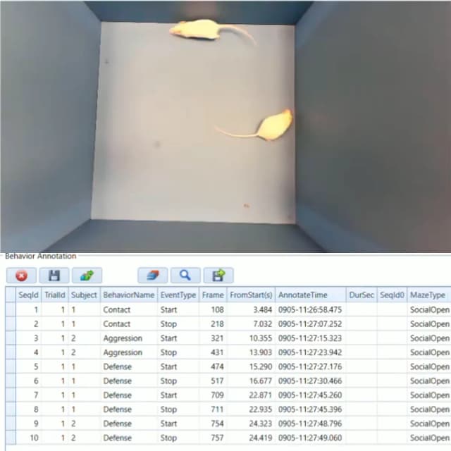 ConductVision Annotator: the video being scored above the events logged so far, each with its frame and time