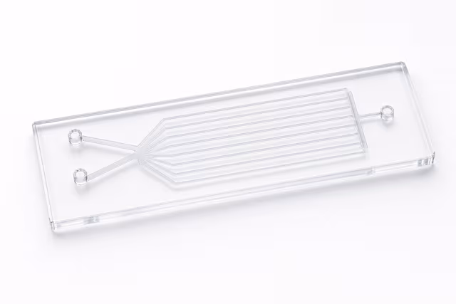 8-Channel Drug Screening Microfluidic Chip realistic hero render showing transparent PDMS chip and verified microchannel layout