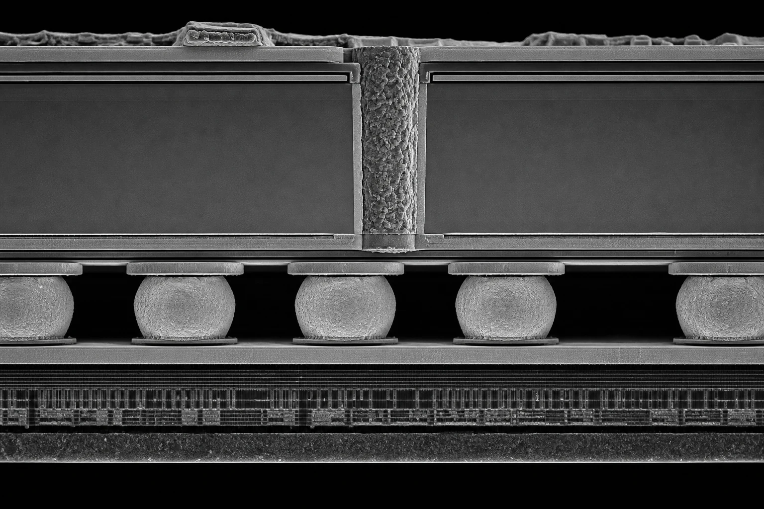 Illustrative SEM-style package cross-section with microbumps and a through-silicon via
