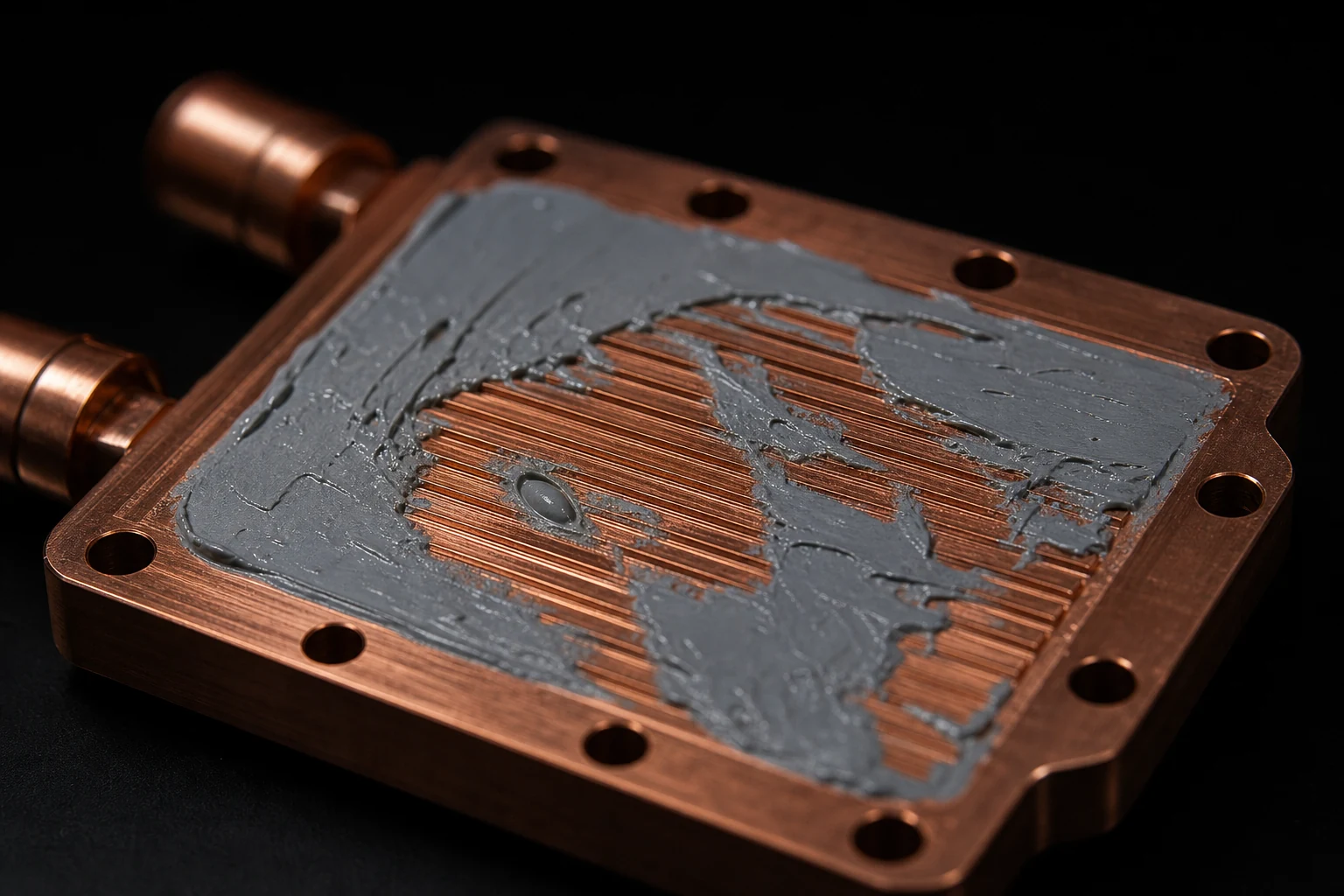Illustrative cold plate with copper channels and thermal-interface material coverage defects