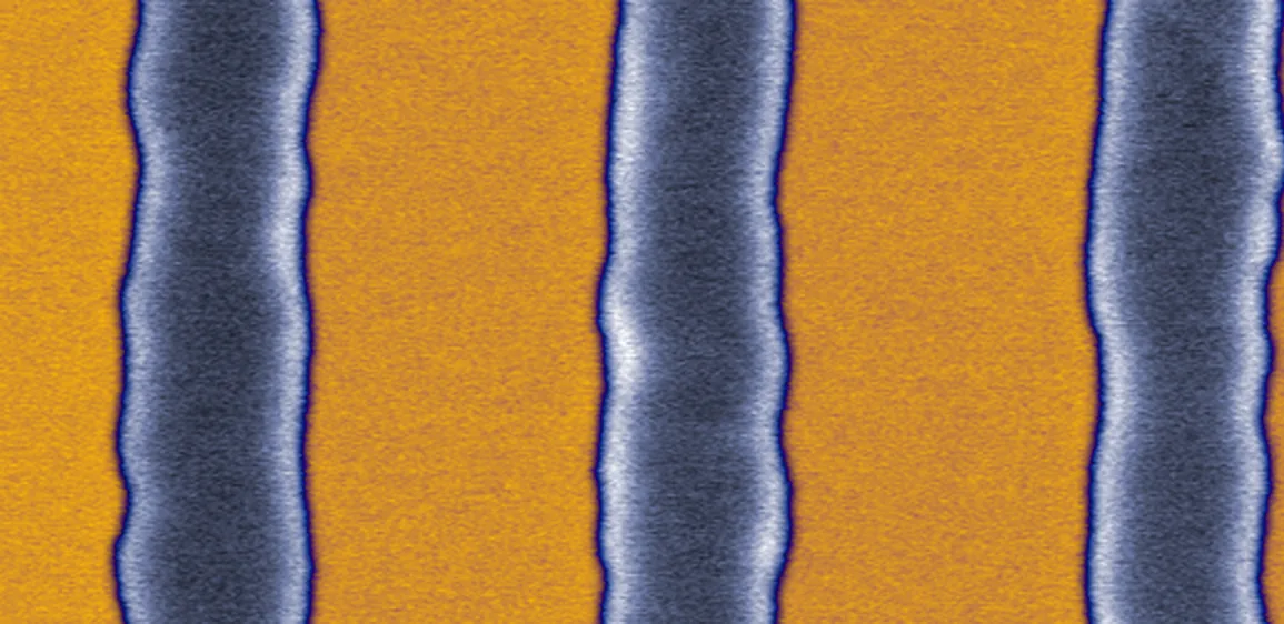 SEM of patterned silicon lines showing the rough, wavy edges measured as line-edge roughness