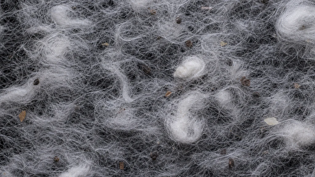 Cotton card web showing tangled fiber neps and small dark trash specks against the fiber mat