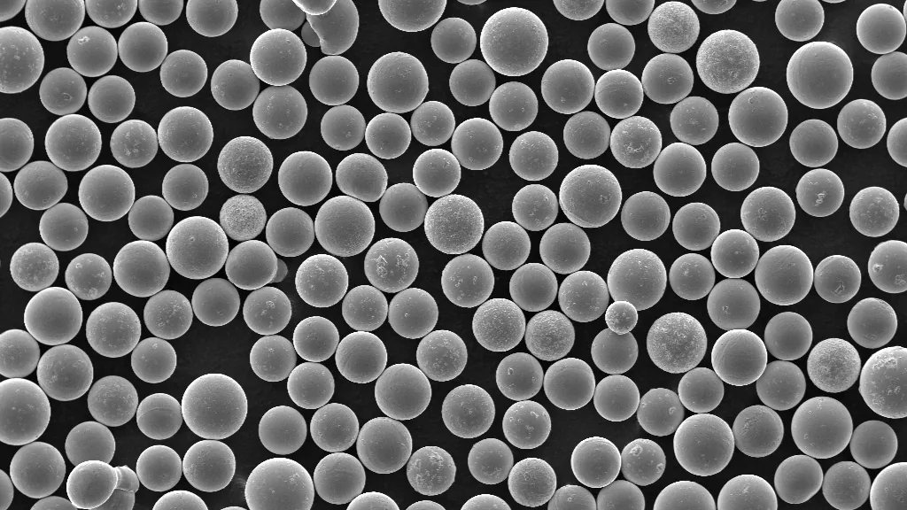 SEM of gas-atomized 316L stainless steel powder: spherical particles with visible satellites