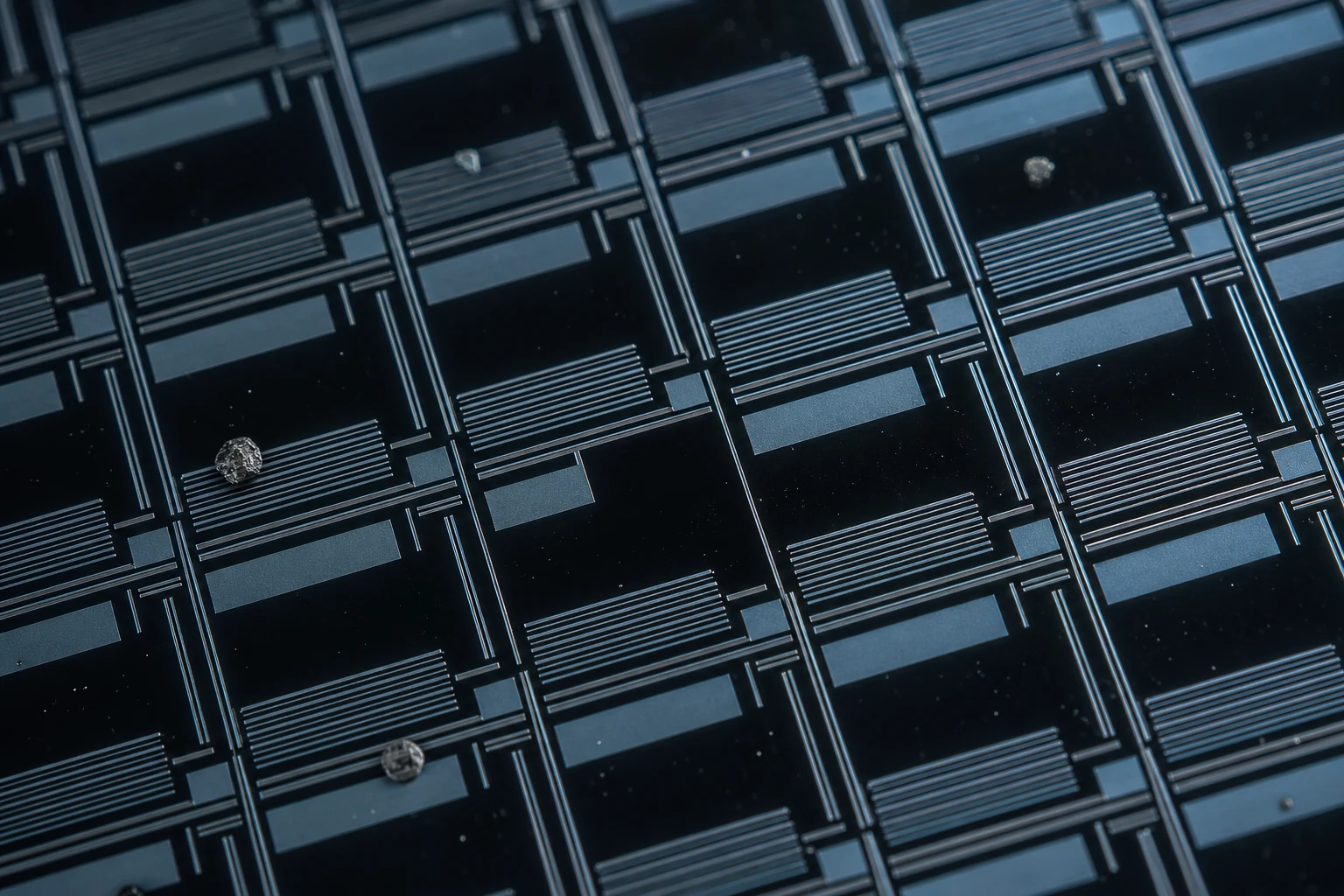 Illustrative photomask pattern field with a missing feature and particle defects